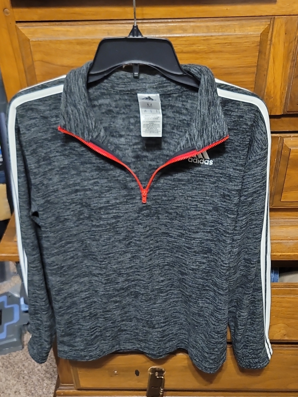 adidas Grey Heather Quarter-Zip Pullover with Red Zipper and White Stripes